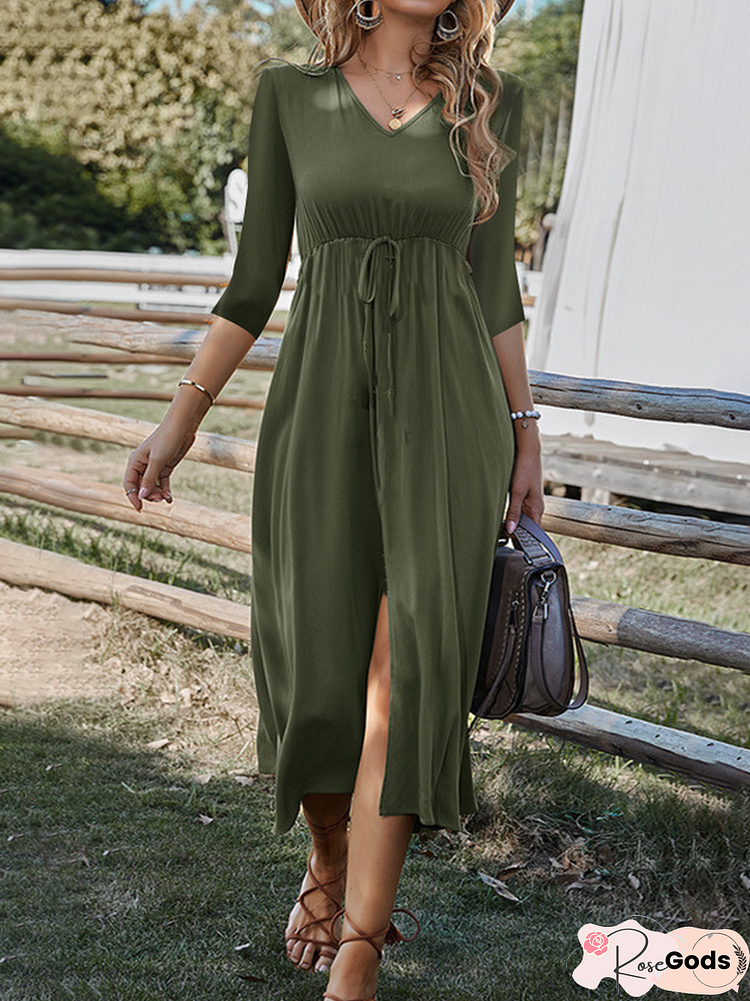 Casual Plain Drawstring Waist V-Neck Knit Dress