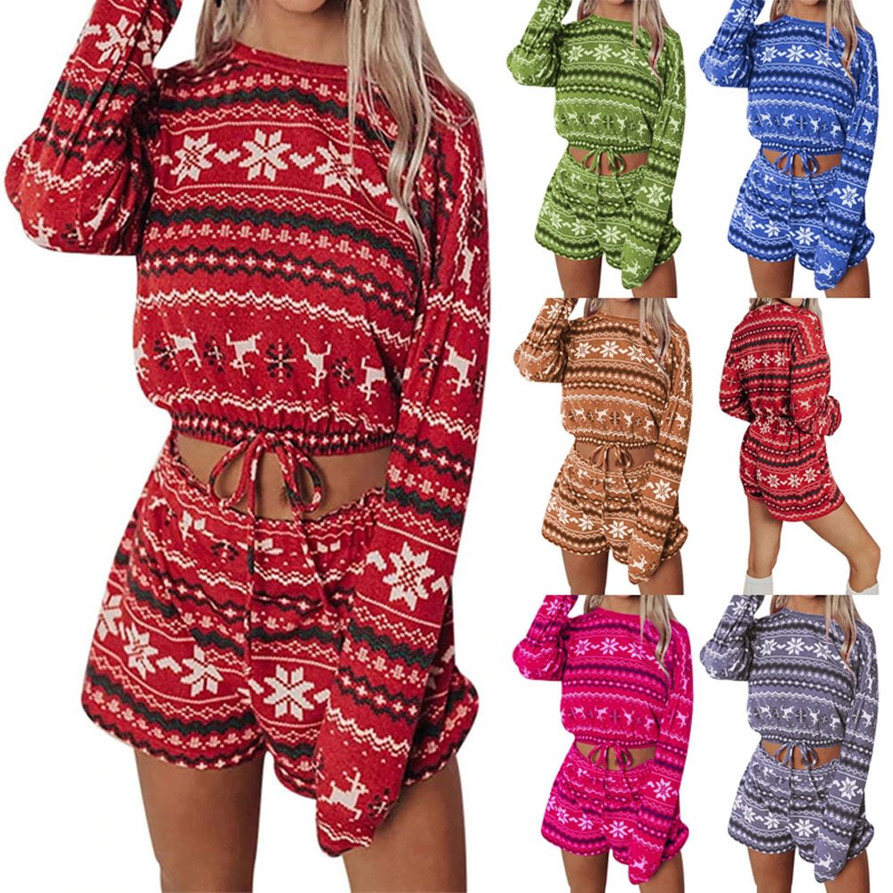 Women Christmas Pajamas Winter 2 Pcs Casual Homewear Sets Cute Pattern Long Sleeve Pullover Top Elastic Shorts-Pajamasbuy
