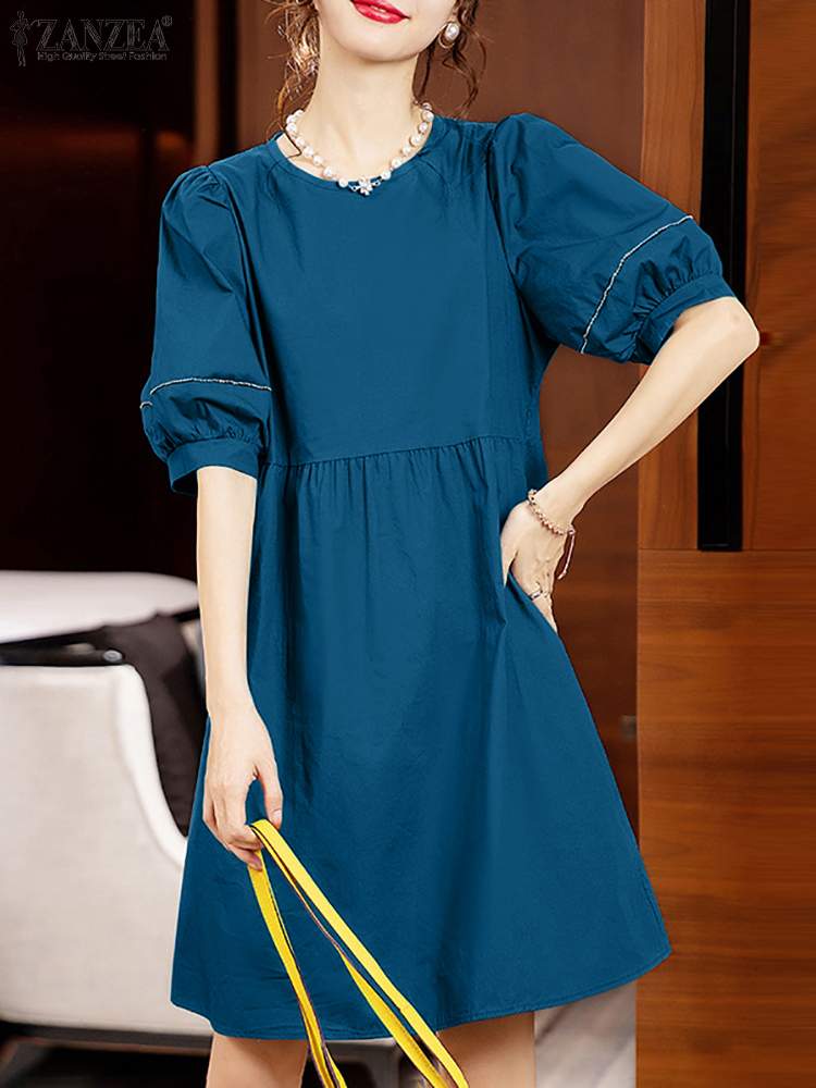 ZANZEA Holiday Gathered Waist Knee-length Dress 2024 Summer Casual Lantern Sleeve Loose Vestidos O Neck Women Sundress