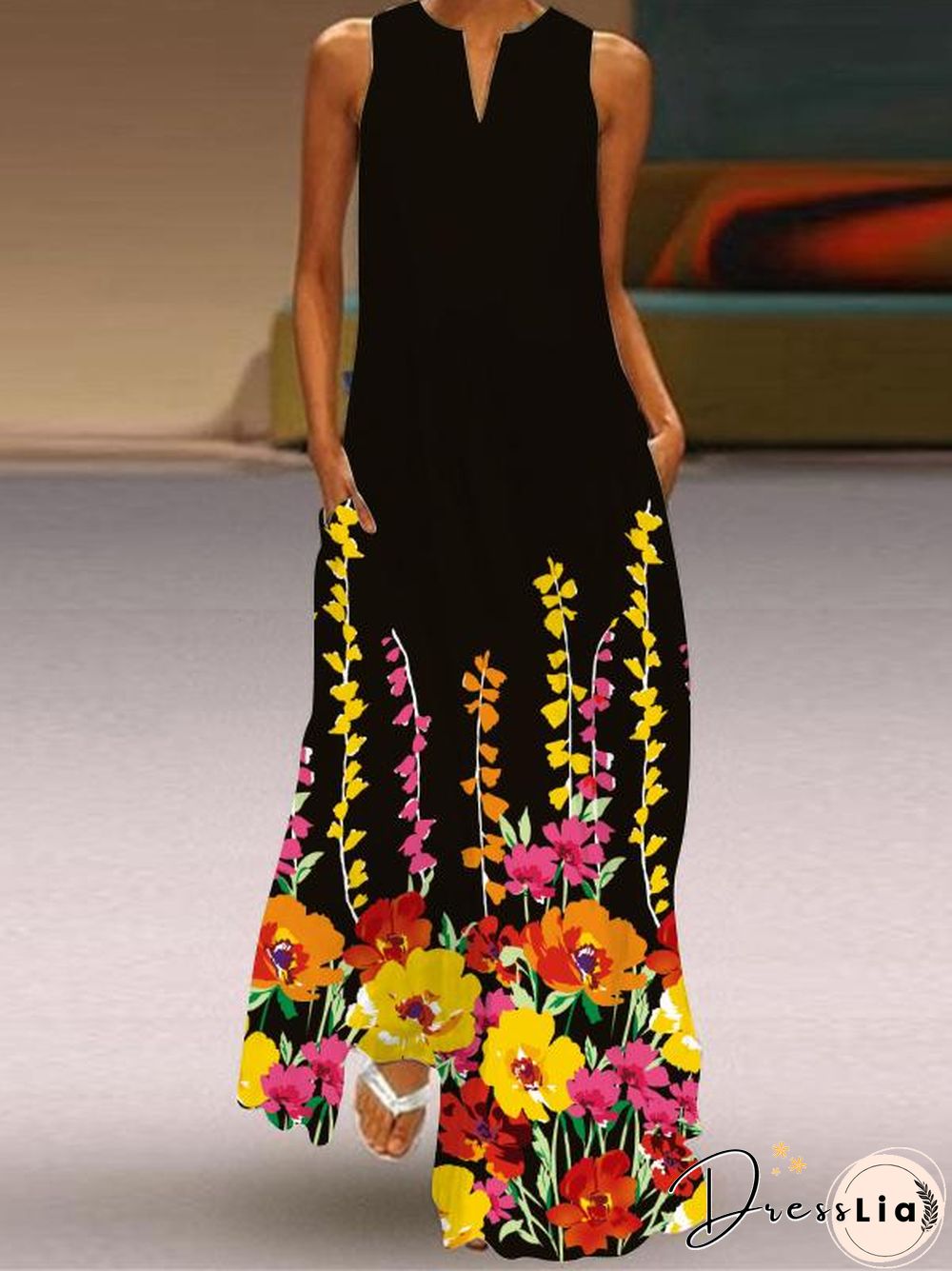 Black Slim Flower Pattern Dress