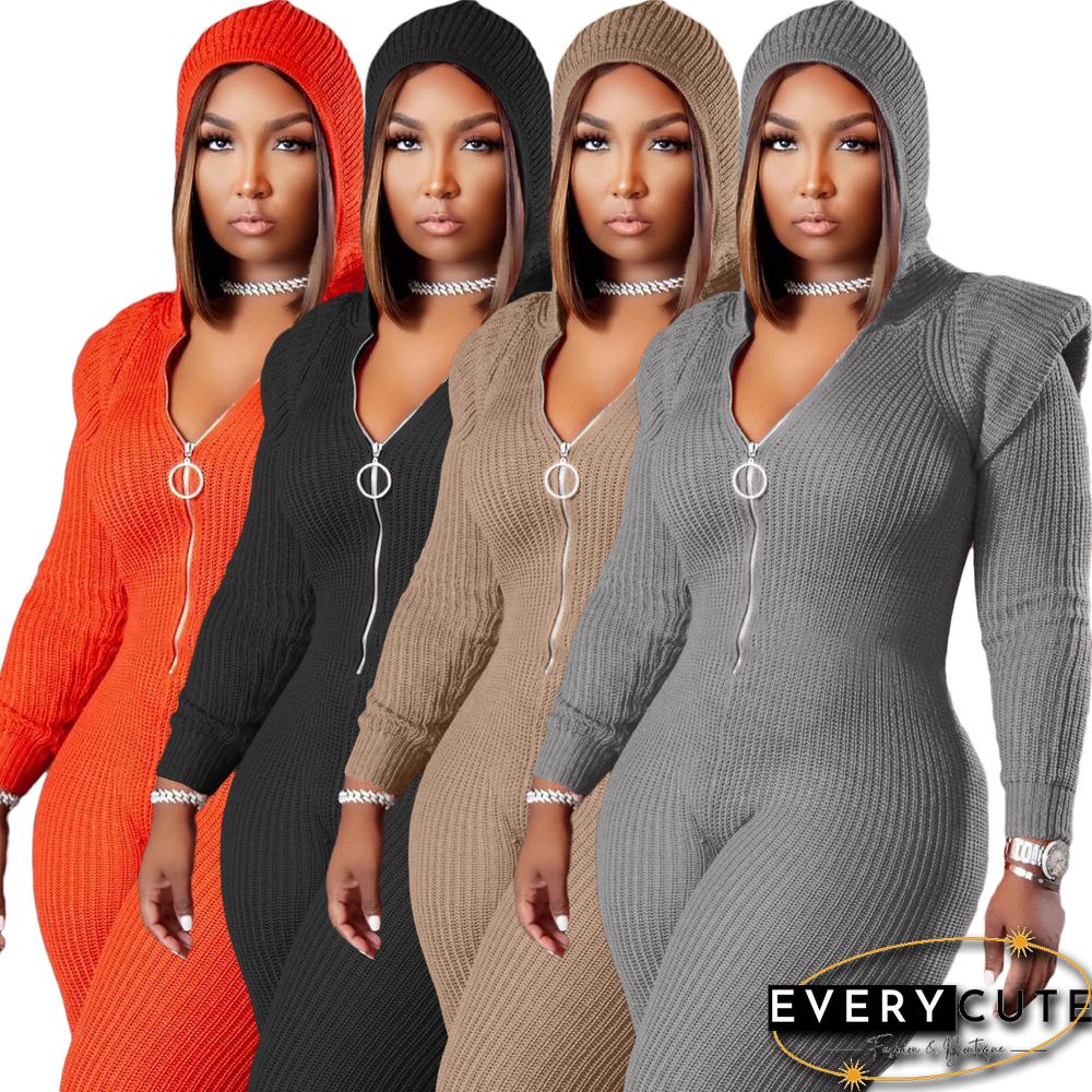 Knitted Long Sleeve Shoulder Padded Hooded Jumpsuit