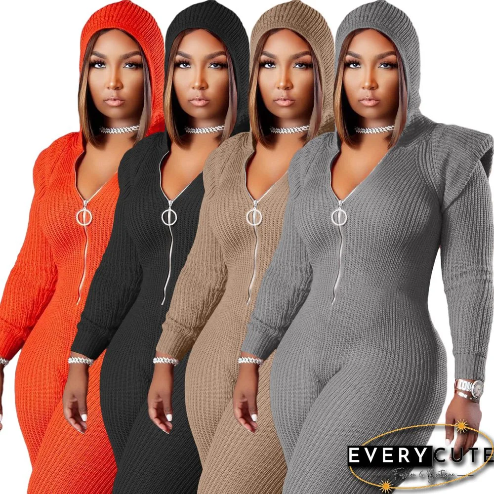 Knitted Long Sleeve Shoulder Padded Hooded Jumpsuit