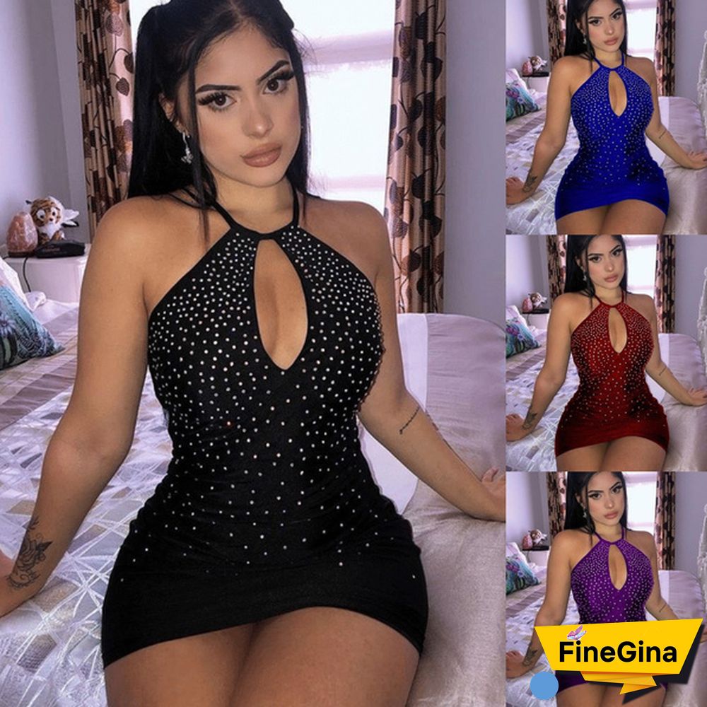 4 Color Sexy Women Summer Fashion Plus Size Slim Fit Sleeveless Halter Strapless Dot Print Mini Hollow Out Dresses