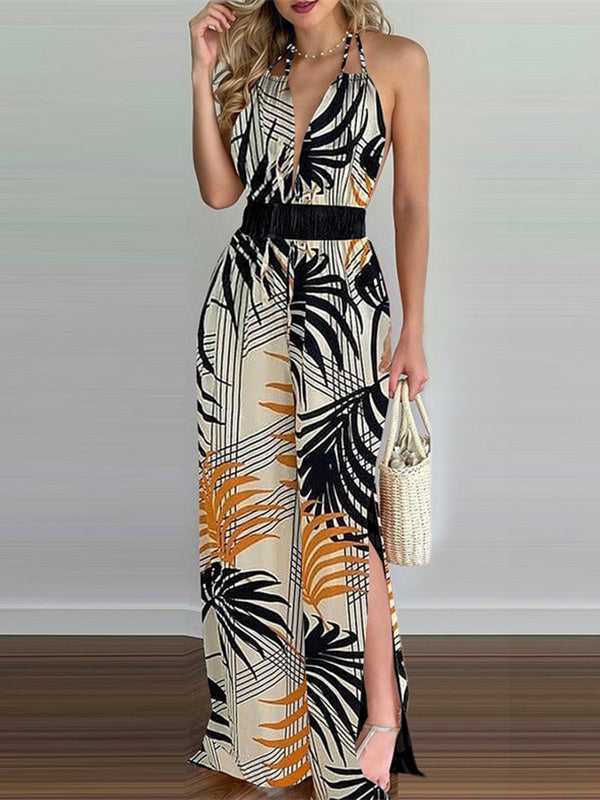 Printed Halter Sexy Backless Slit Wide Leg Pants Ladies Jumpsuit