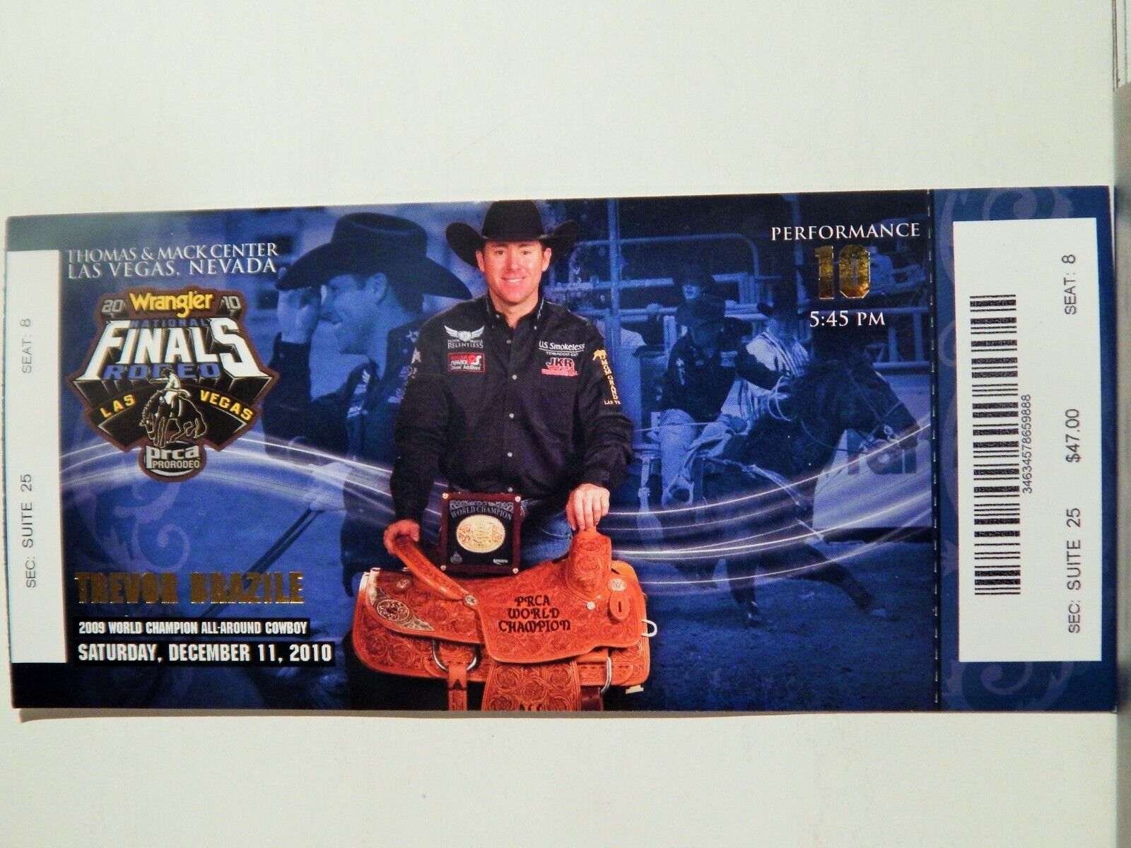2010 NATIONAL FINALS RODEO LG ORIGINAL USED TICKET TREVOR BRAZILE COLOR Photo Poster painting