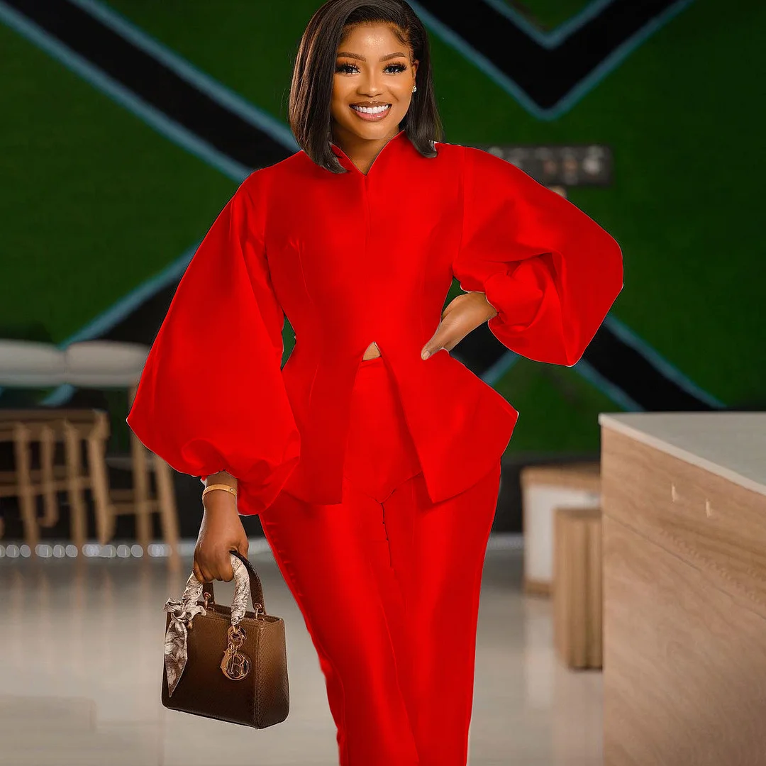 Brownm Commute Blouse And Pants Casual Long Sleeve Top Trousers Suit Two-piece Set