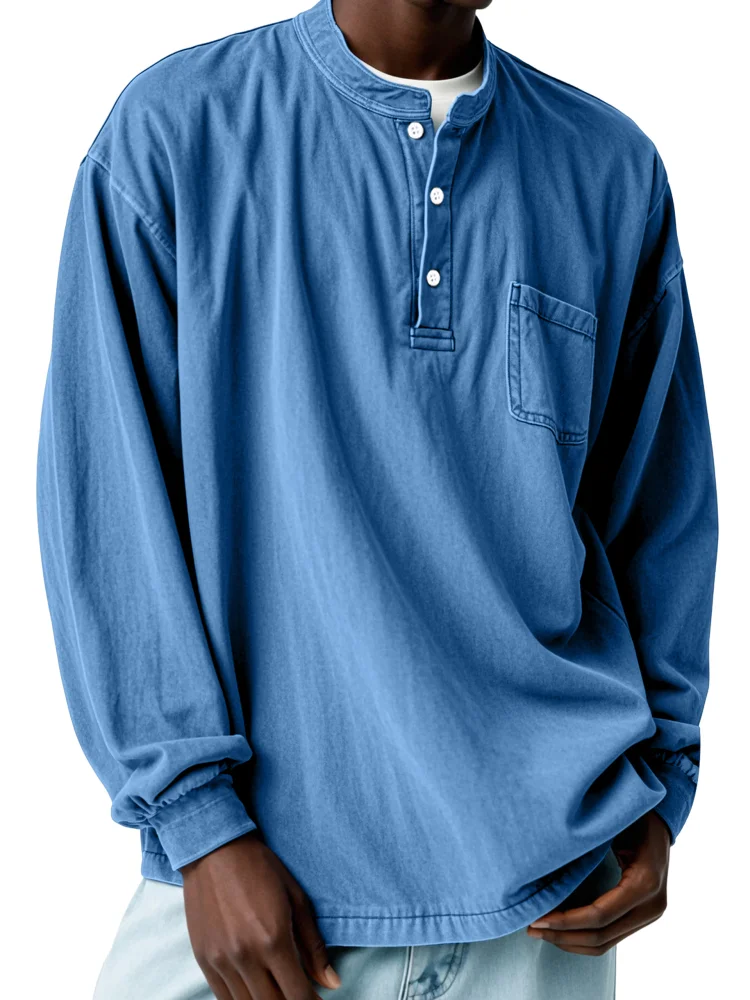Men's Casual Solid Color Vintage Pocket Long Sleeve Button-down Henley Shirt