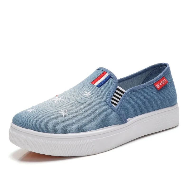 Qengg Women's Spring summer shoes comfortable denim canvas shoes with printings lady soft lazy loafers chaussures de dame