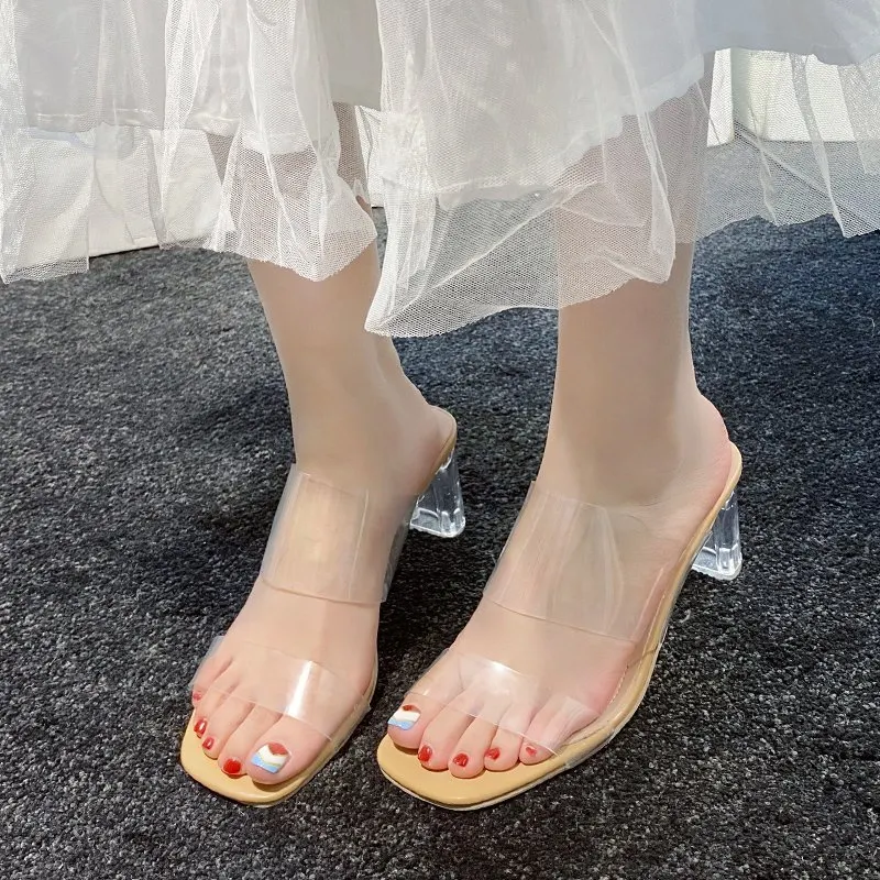 Breakj Breakj New Summer Transparent Heel High Heel Simple PVC Cool Slippers With Toe Women's Shoes