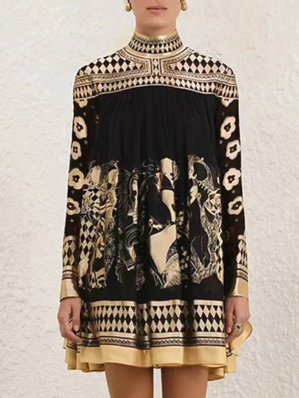 A-Line Long Sleeves Bronzing Printed Split-Joint Mock Neck Mini Dresses BLACK-XL