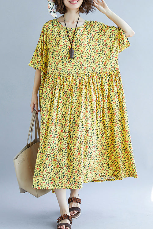 VCSHOES o neck Cinched cotton dress design yellow print A Line Dresses Summer