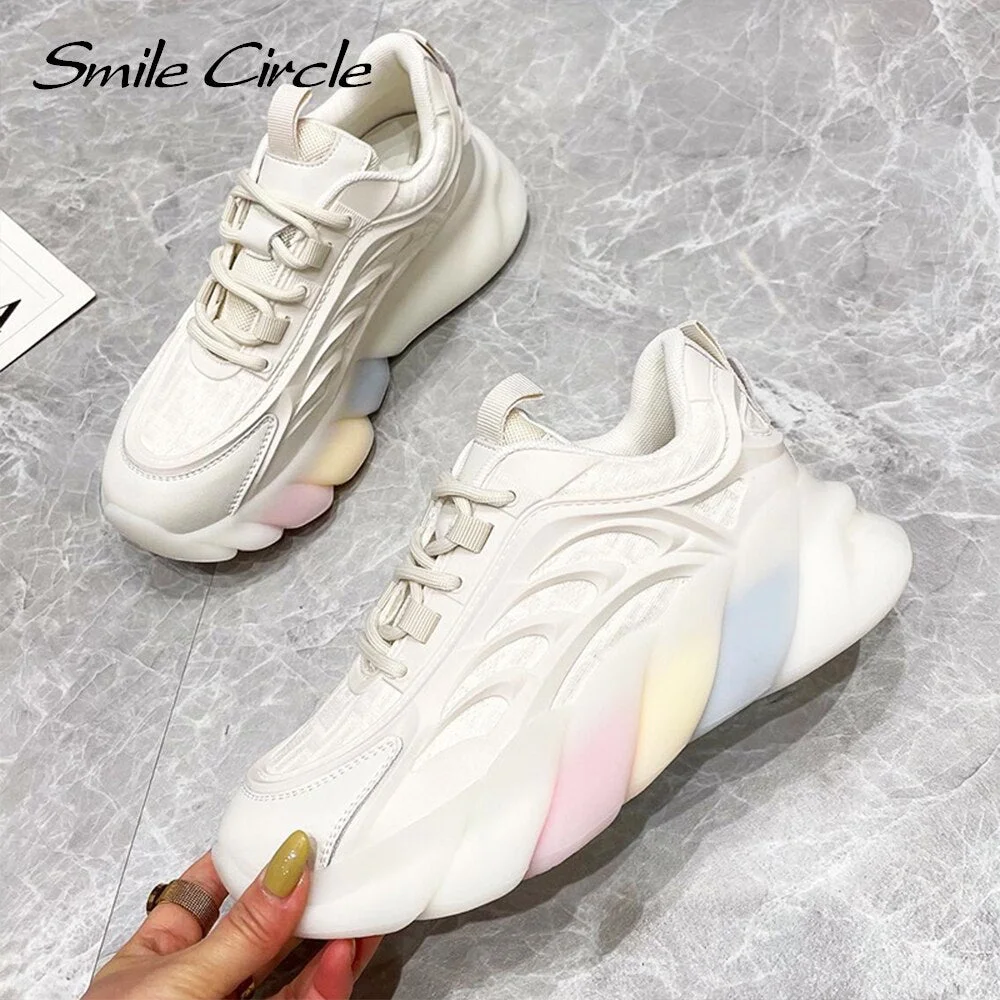 Smile Circle Women Sneakers Flat Platform Shoes Spring fashion Lace-up Breathable mesh Thick bottom Chunky Sneakers Ladies Shoes
