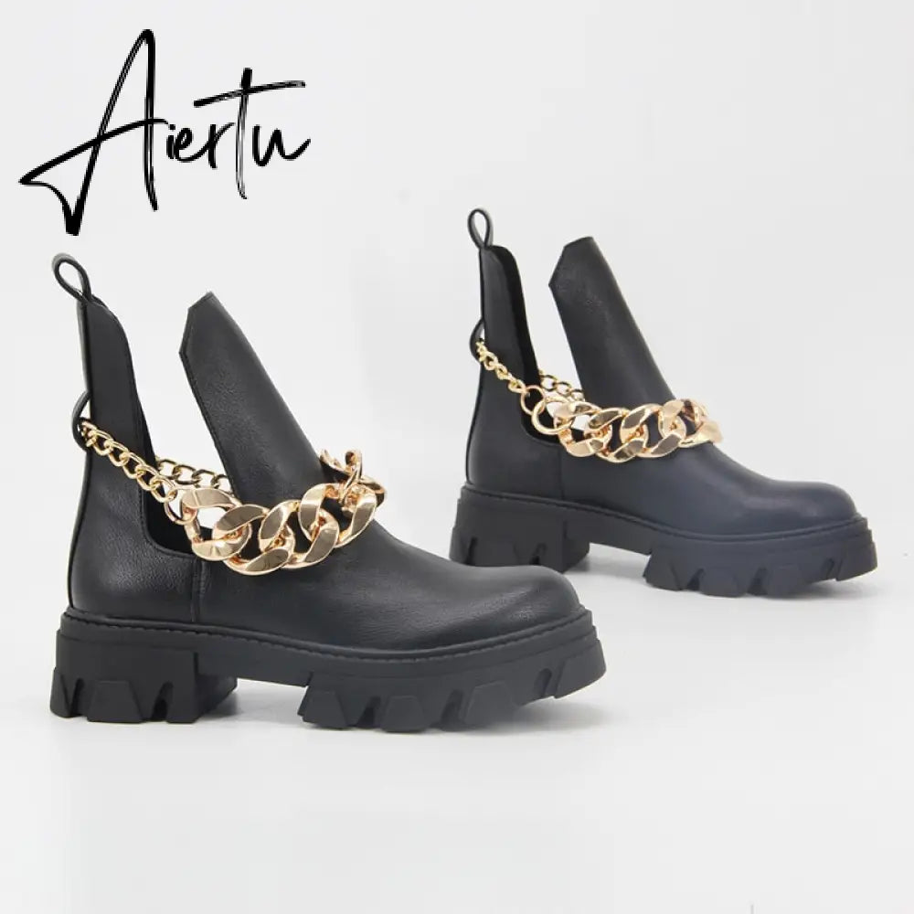 Aiertu ZA Winter High Quality Platform Gold Chain Fashion Ankle Boots Women Cool Punk Motorcycles Shoes ботинки женские Aiertu