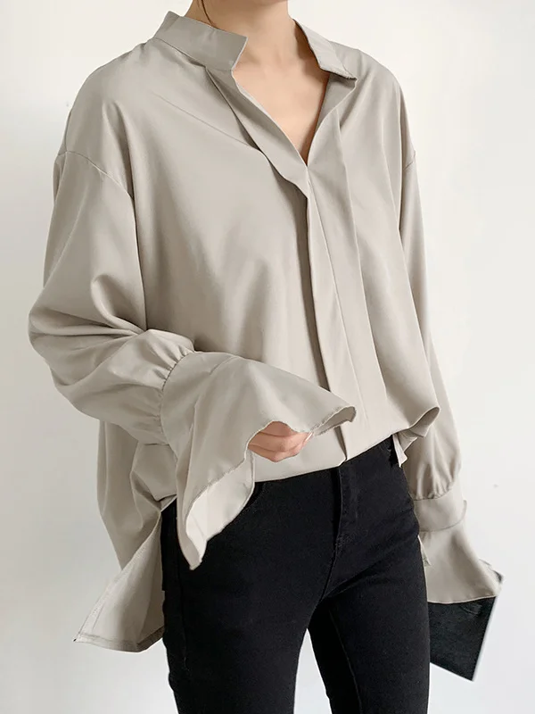 Split-Side Solid Color Buttoned Loose Long Sleeves V-Neck Blouses&Shirts Tops