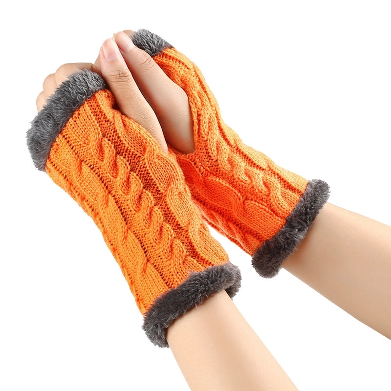 New Autumn And Winter Fleece-lined Wool Gloves Twist Knitted Finger Leakage Plush Oversleeve Warm Thickened Wool Gloves