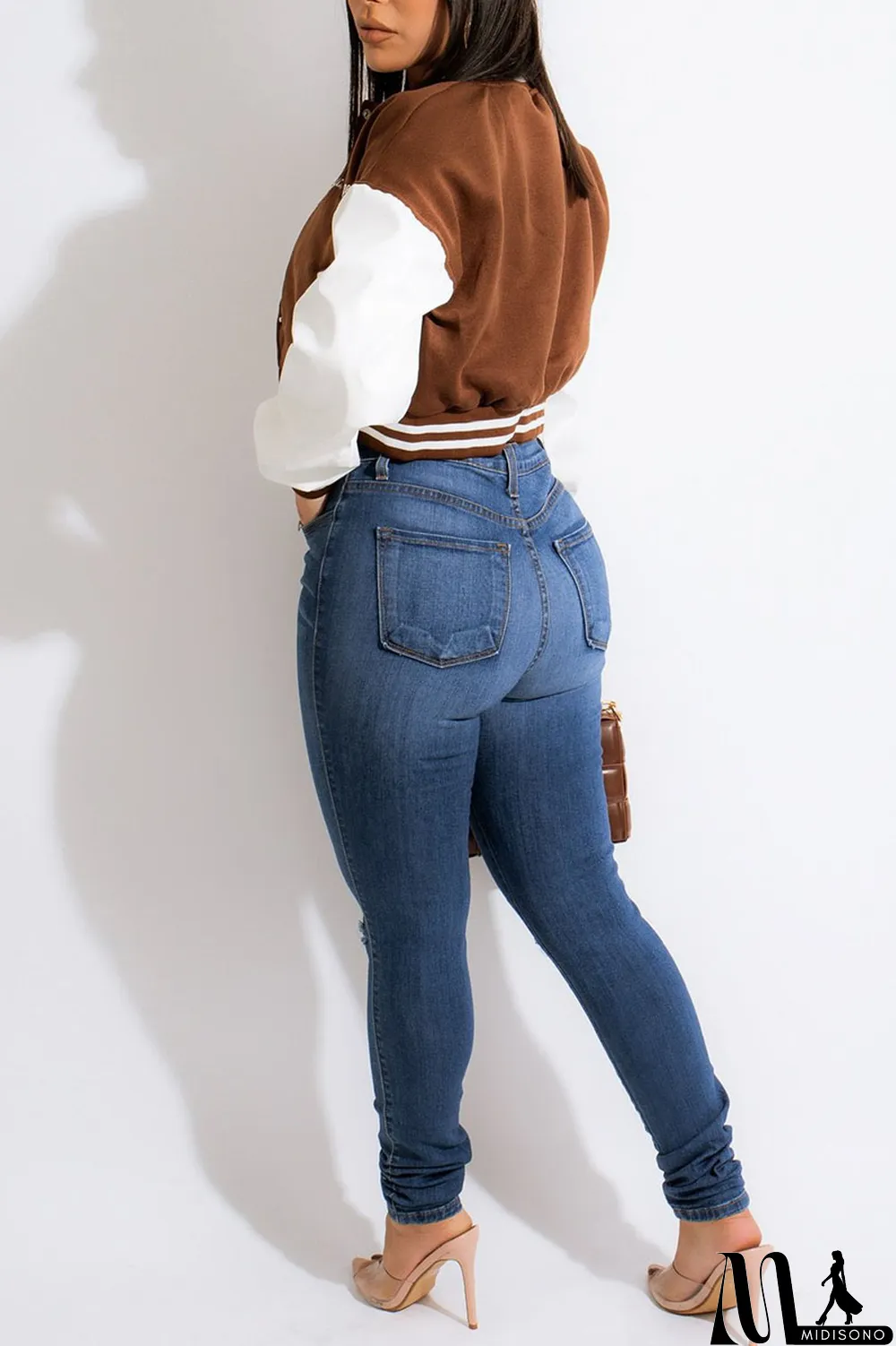 MidiSono - Blue Casual Print Patchwork Zipper Outerwear