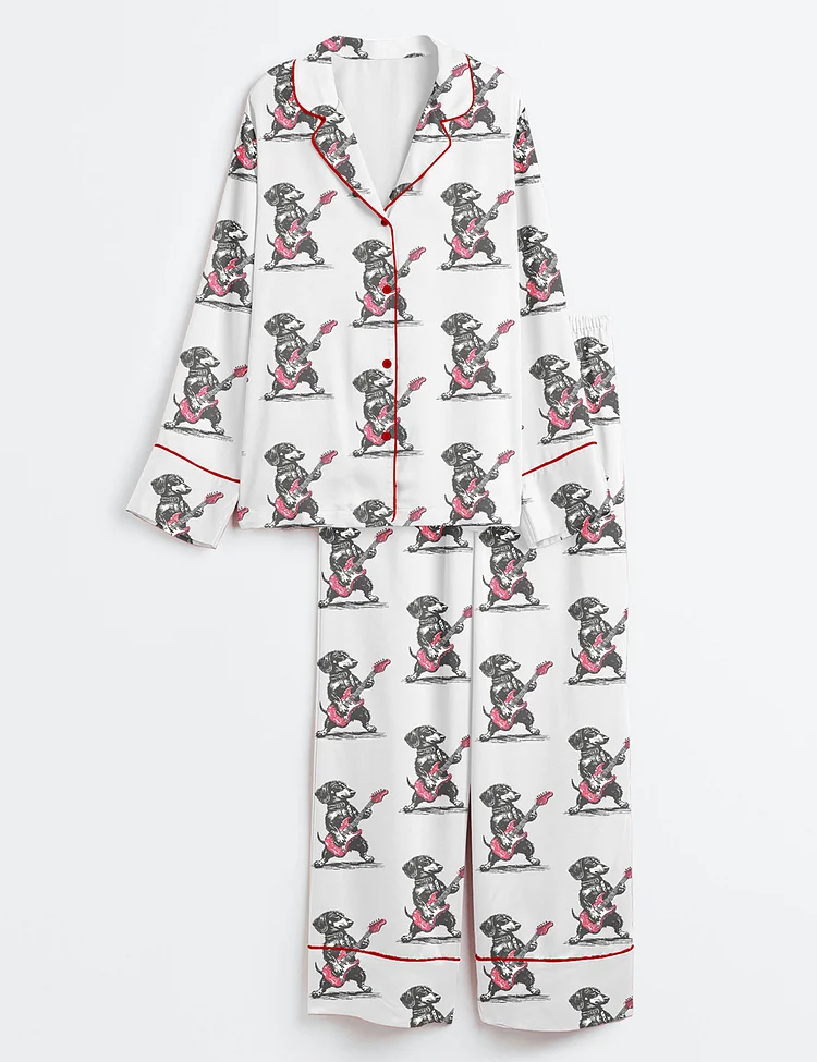 Women&rsquo;s Rock Doxie Vintage Dachshund Weenie Playing Guitar Funny Wiener Dog Rocker Print Long Sleeve Satin Pajama Set