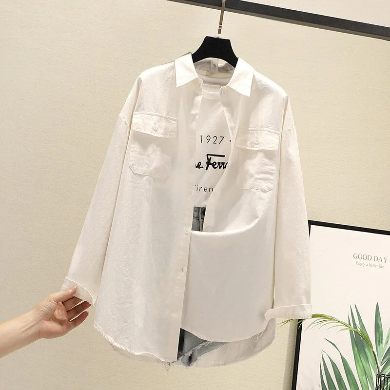 Women Blouses Shirts Tunic Womens Tops And Blouses 2020 Womenswear Long Sleeve Clothing Button Up Down White Double Pockets New