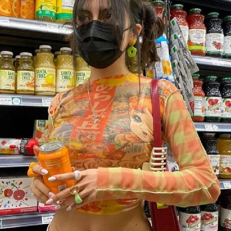 Uveng Y2K Sheer Mesh Long Sleeve Crop Top Aesthetic Harajuku T Shirts 90s Girls Casual Vintage Tee Tops Autumn Streetwear