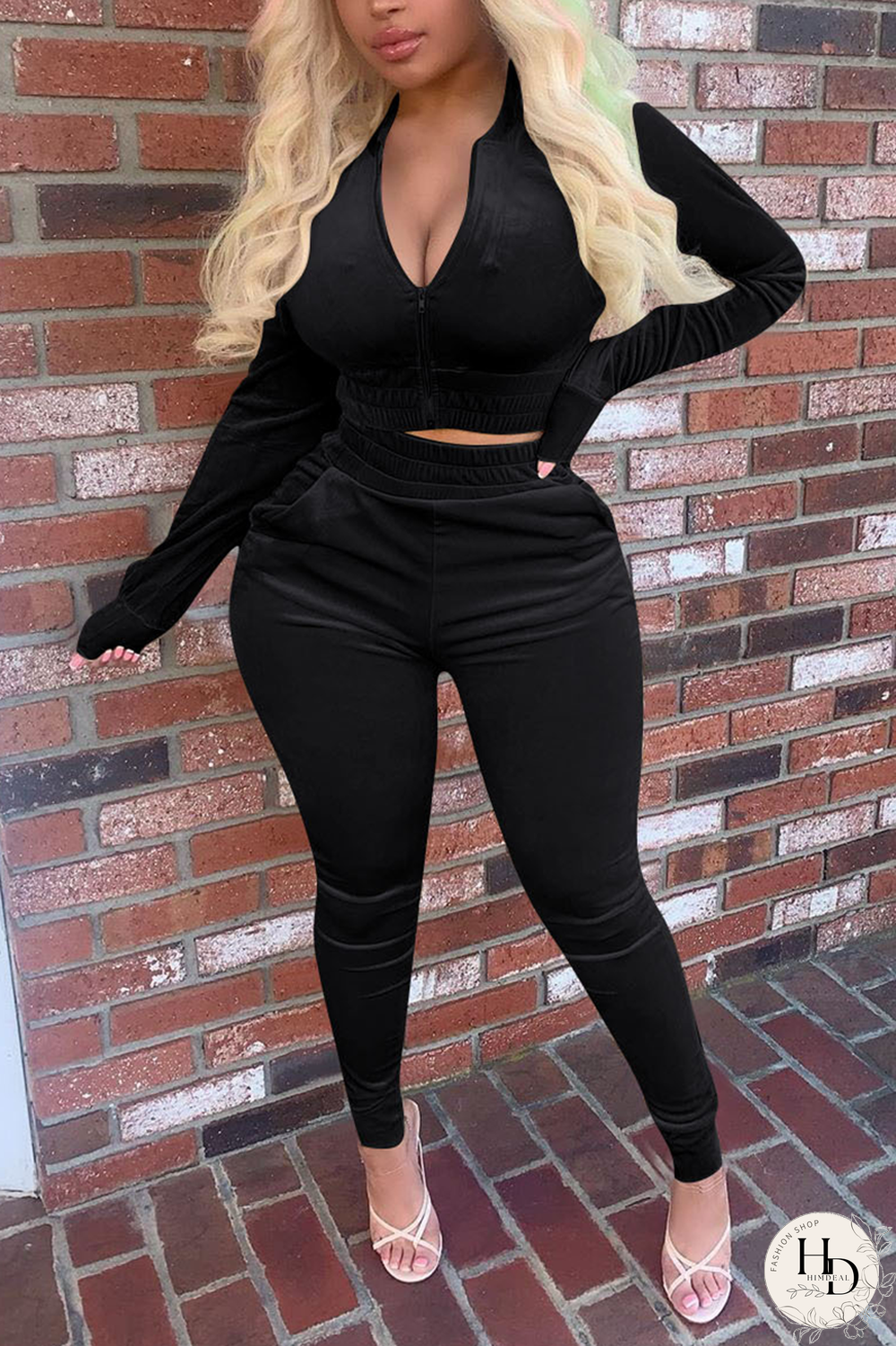 Black Casual Solid Split Joint O Neck Long Sleeve Two Pieces