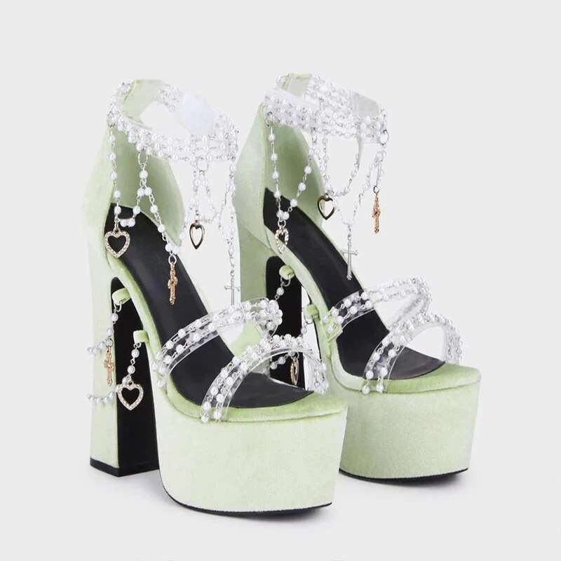 VCSHOES Lolita Pearls Heart Chains Purple Velvet Platform Sandals Chunky High Heel Beads PVC Straps Wedding Shoes Jewerly Ladies Pumps