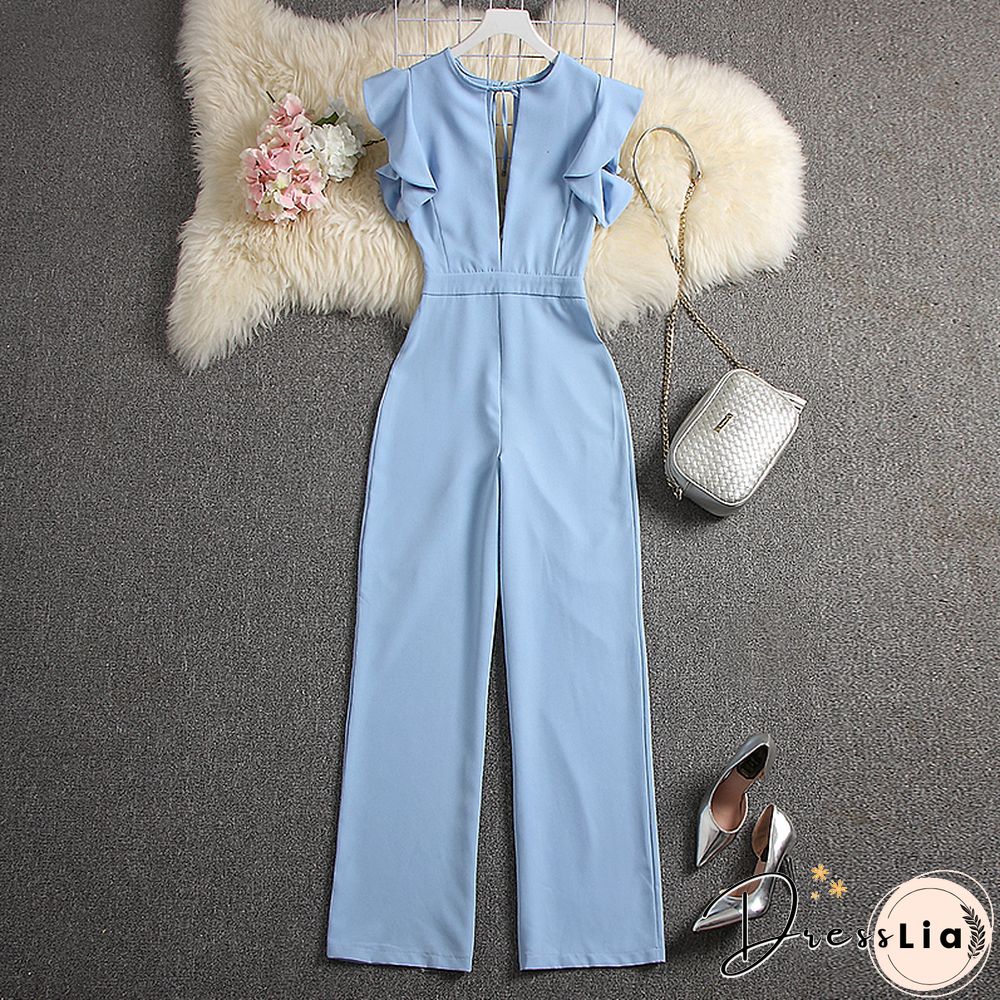 ALPHALMODA Summer Women Deep V-neck Sexy Jumpsuits Solid Color Straight Full Length Pants Ladies Party Overall Outfit