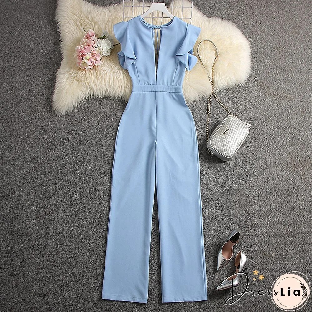 ALPHALMODA Summer Women Deep V-neck Sexy Jumpsuits Solid Color Straight Full Length Pants Ladies Party Overall Outfit