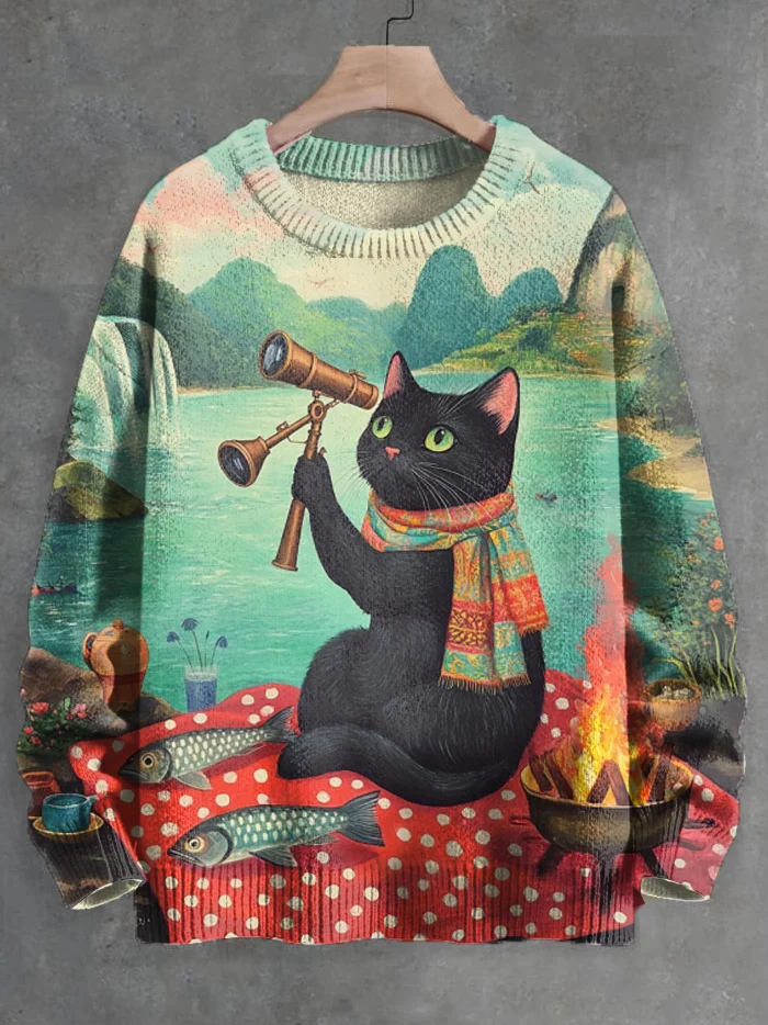 Men's Black Cat Camping Landscape Print Knit Sweatshirt
