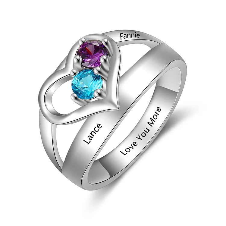 S925 Silver Ring Personalized 2 Birthstones Heart Ring With Names Gifts For Her