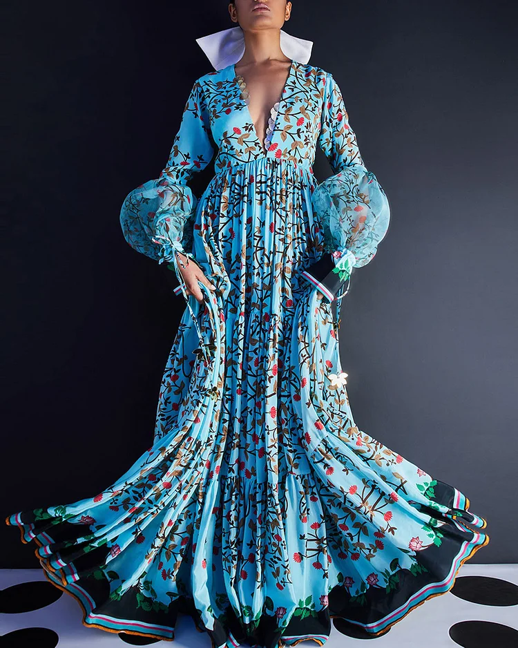 Blue Tiered Floral Print Dress