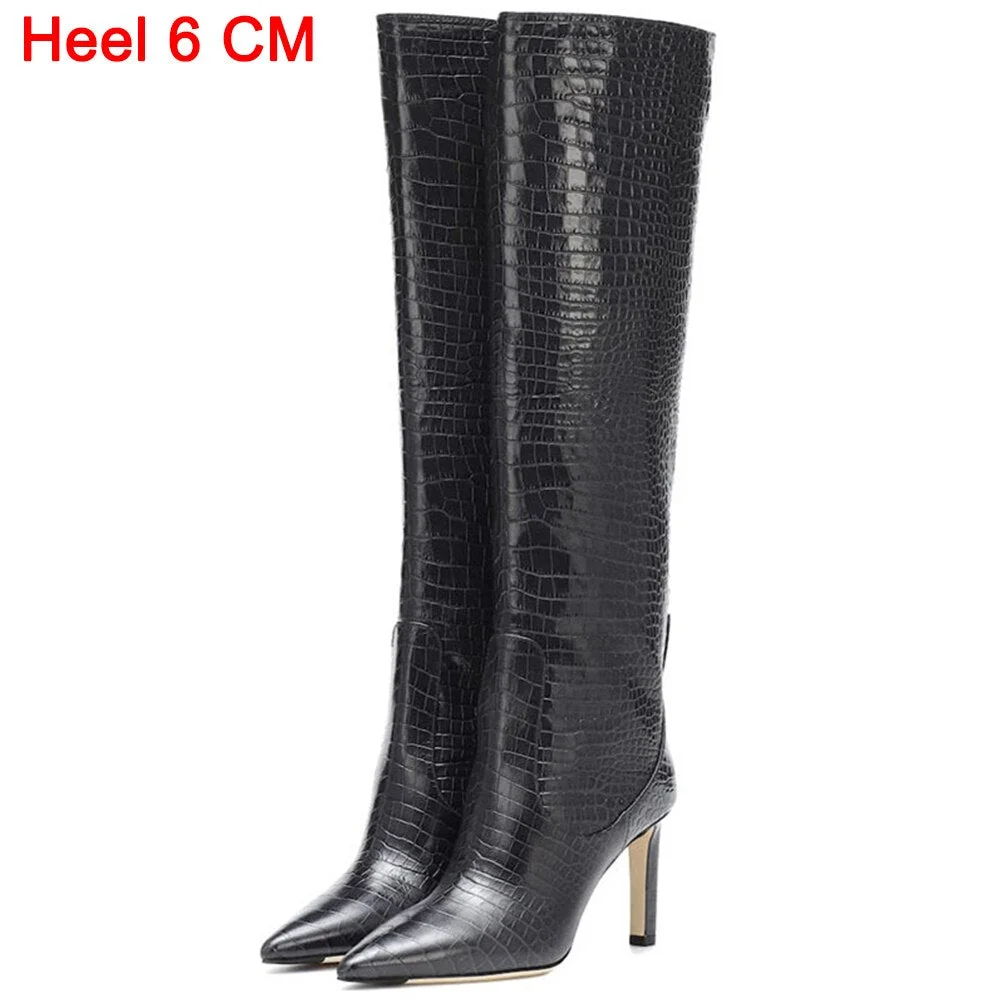 New Fashion Sexy Luxury Crocodile Pattern Knee High Heels Women's Boots Banquet Party Wedding Stiletto Mid Calf Boots Woman