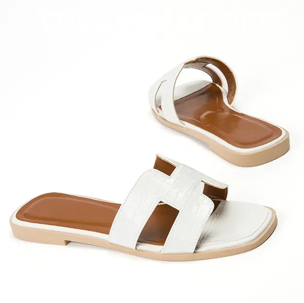Womens Square Open Toe Summer Casual Flat Crocodile Slippers-vocosishoes