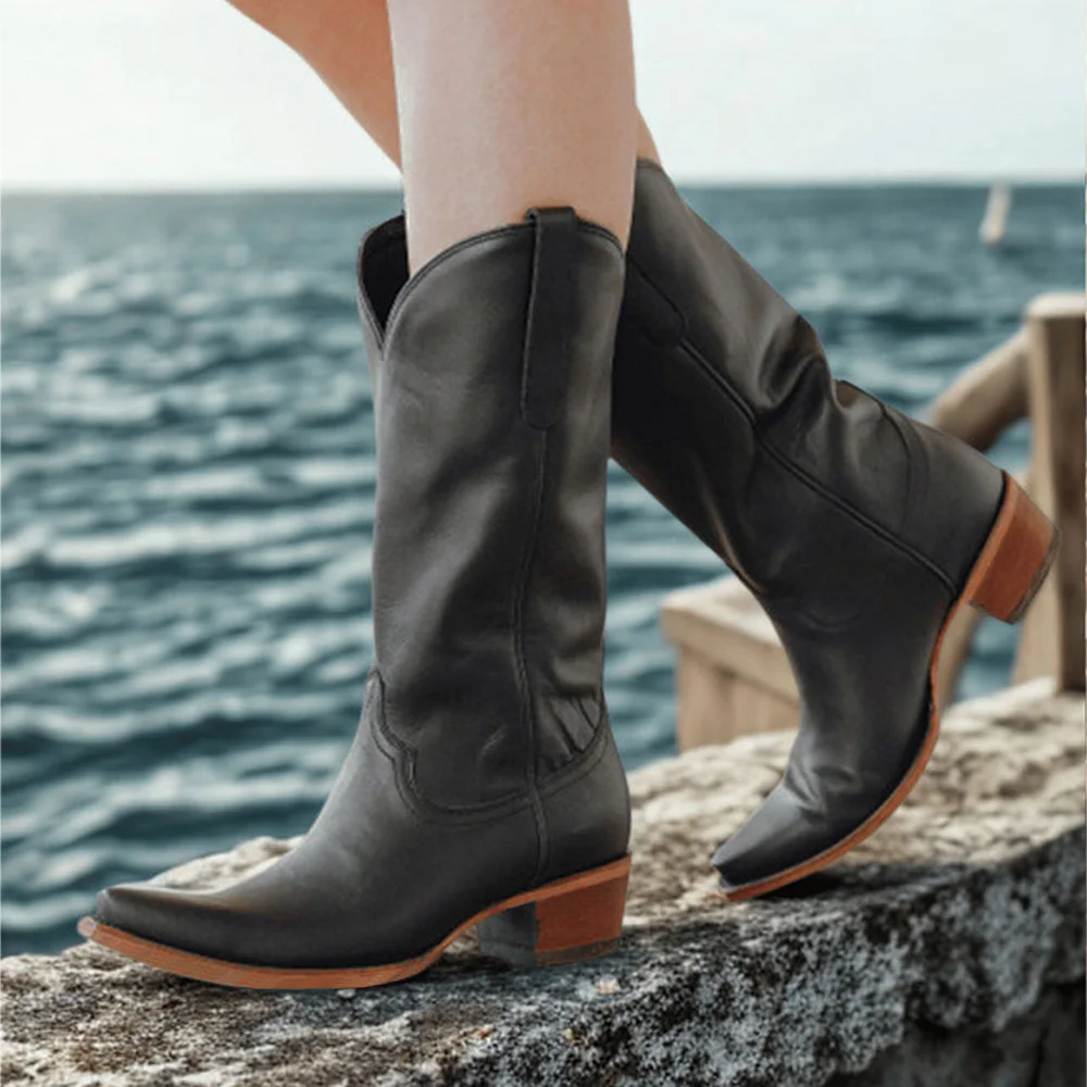 Classic Black Snip Toe Chunky Heel Pull On Western Boots for Women