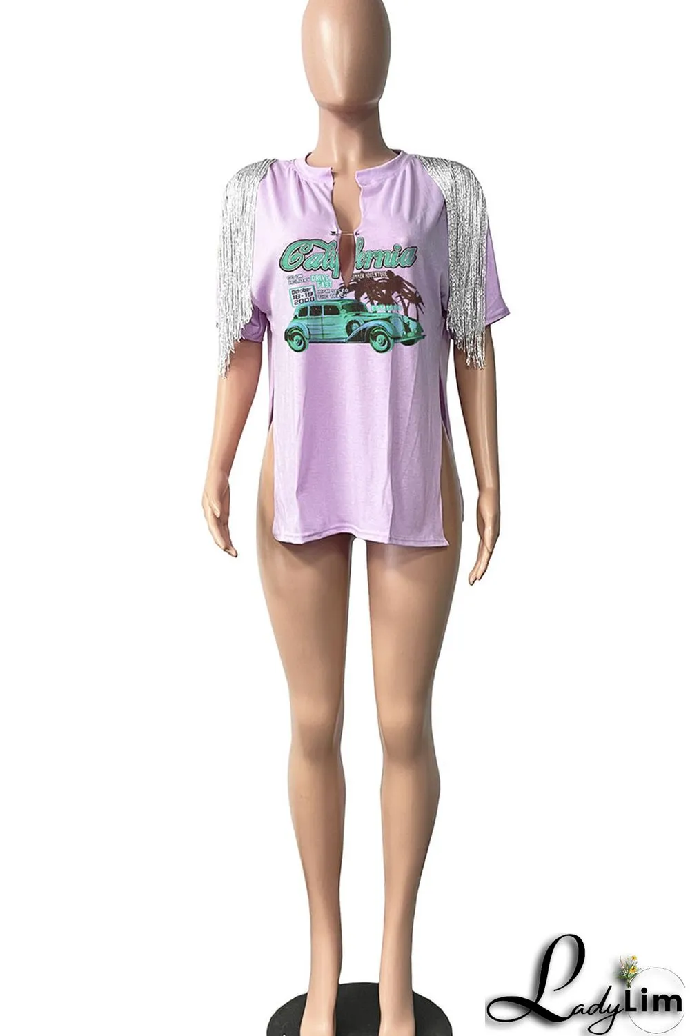 Grey Casual Street Print Tassel Patchwork Slit V Neck T-Shirts
