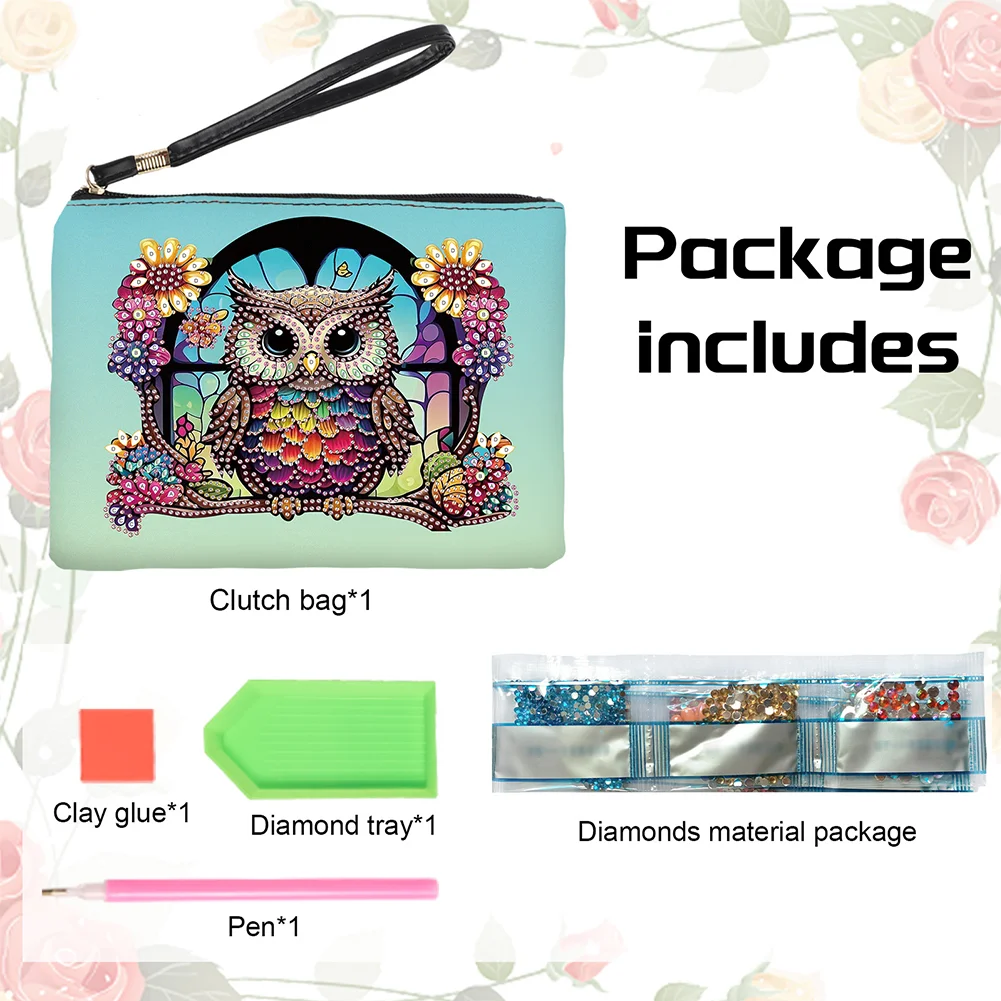 DIY Owl PU Partial Special Shaped Diamond Painting Wallet Makeup Bag