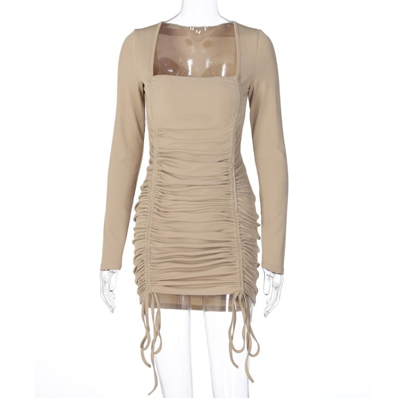 Dulzura ribbed drawstring ruched mini dress women long sleeve bodycon sexy streetwear 2020 autumn winter party elegant solid