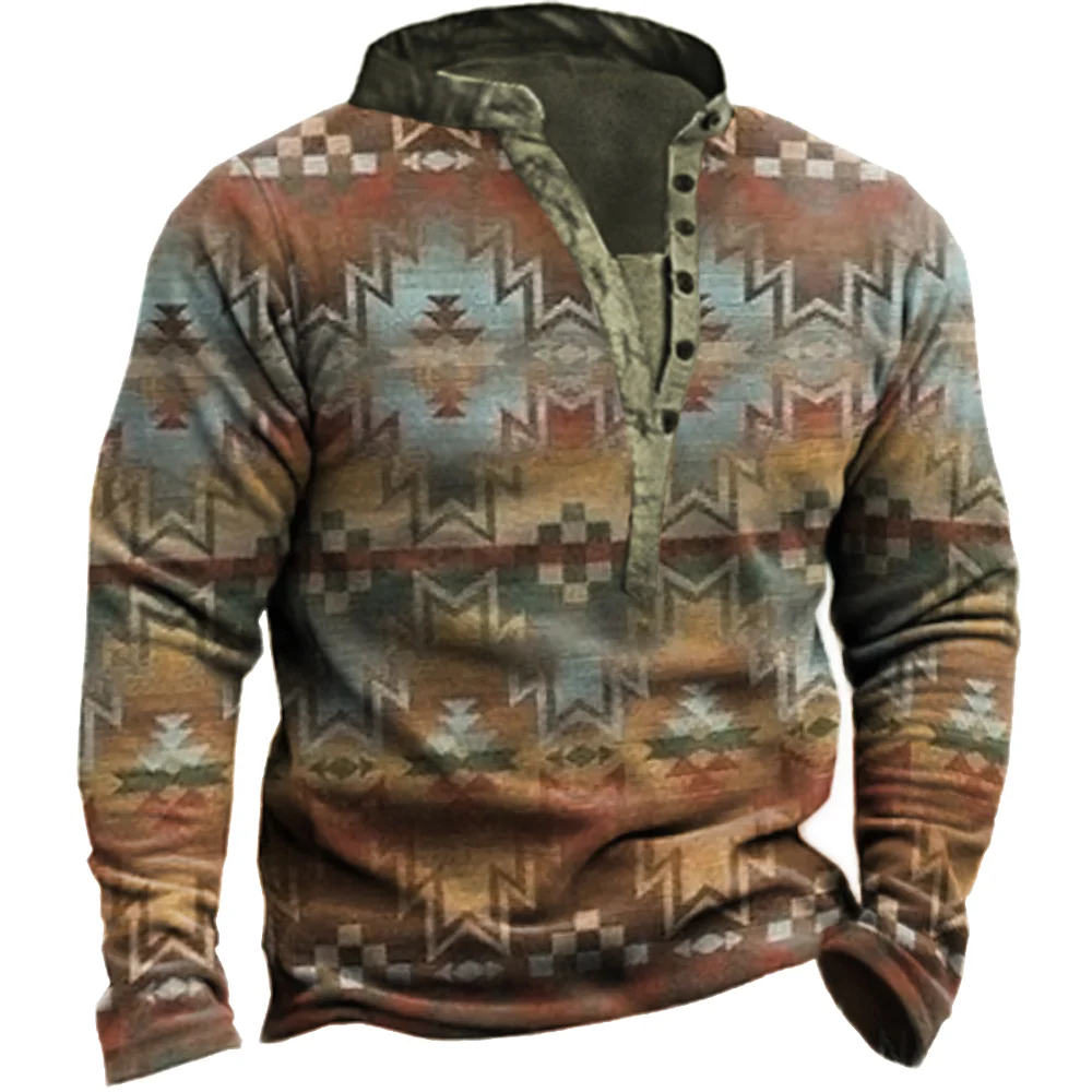 Men's Retro Totem Printed V Neck Long Sleeve Outdoors Shirt   