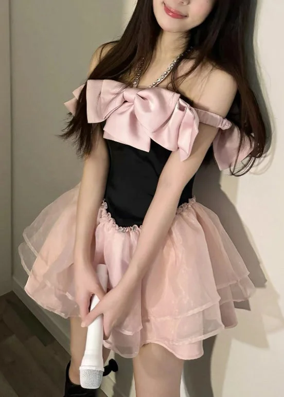 Novelty Pink Bow Zircon Tulle Patchwork Mid Dress Summer