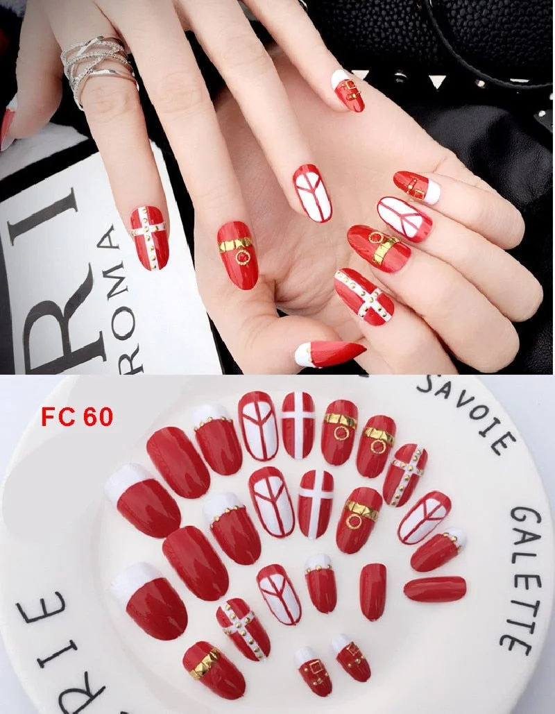 24pcs/set Elegant Fake Nails Black White Stripe Color Mix Chic Short False Nails with Pearl Rhinestone Square Acrylic Nails Tips-Nail Inspo