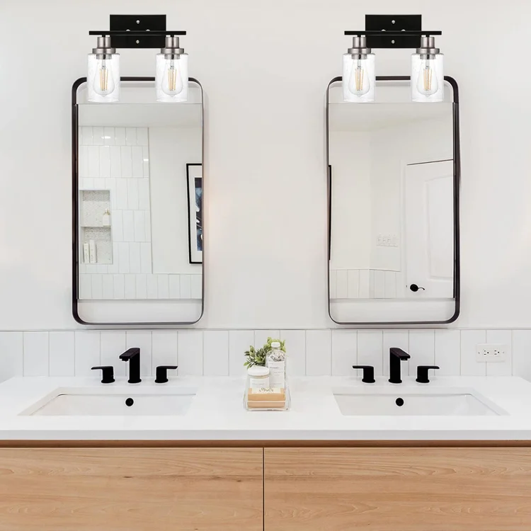 2-Light Bathroom Light Fixtures Wall Mount Lamp, Black Finish with Seeded Glass Shade, 14.4 Inch Farmhouse Bathroom Vanity Light Over Mirror