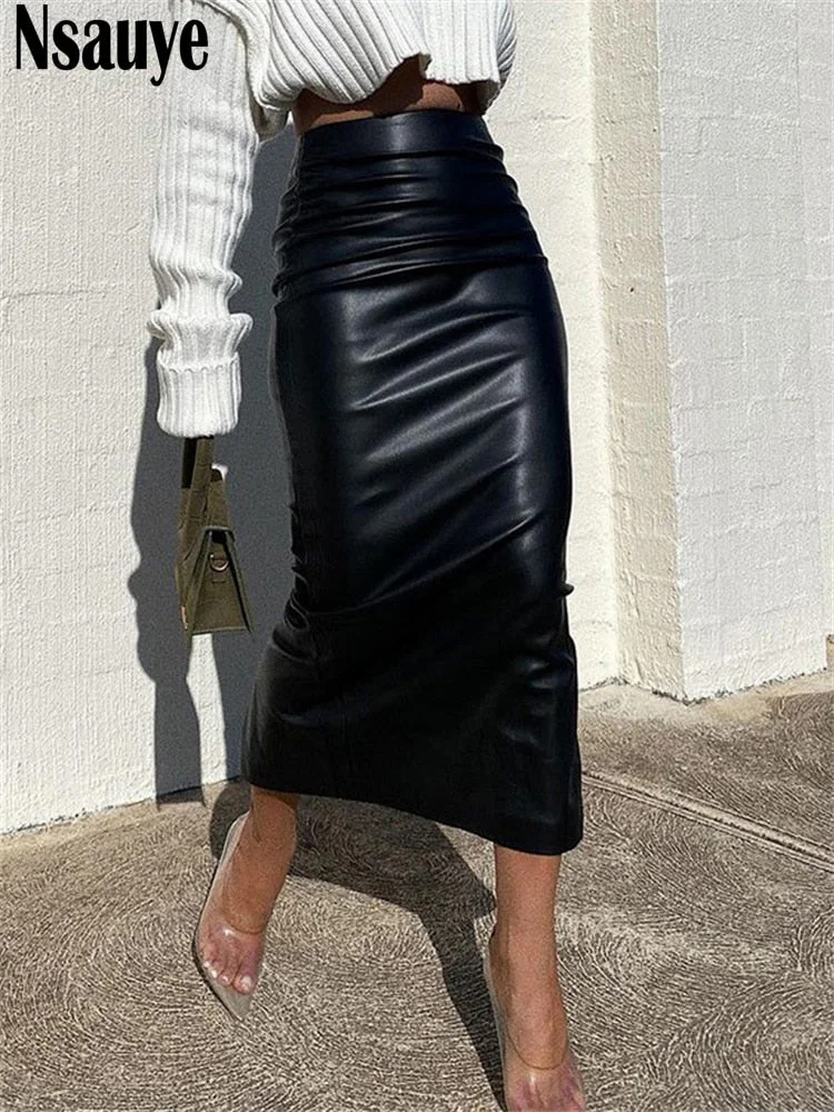 Nsauye 2021 Fashion Women Black White PU Leather Long Skinny Skirt Sexy Club Y2K High Waisted Split Skirt Autumn Winter 2021