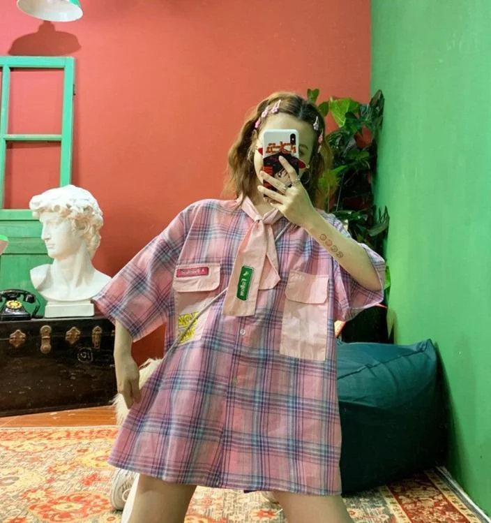 Korean Fashion Plaid Loose Shirt+Tie SP16354
