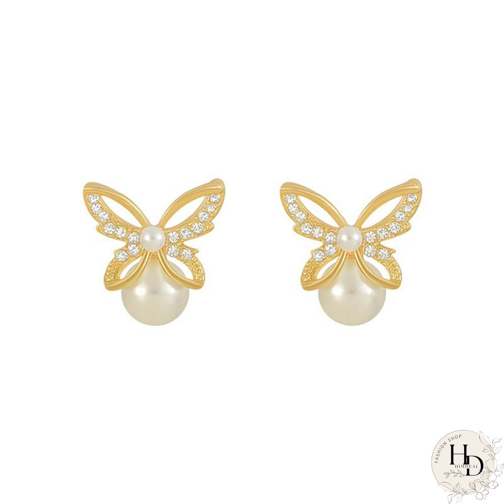 1 Pair Fashion Exquisite Women's 14K Yellow Gold Butterfly White Sapphire Diamond Stud Earrings White Pearl Stud Earrings for Wedding Engagement Party Jewelry Gifts