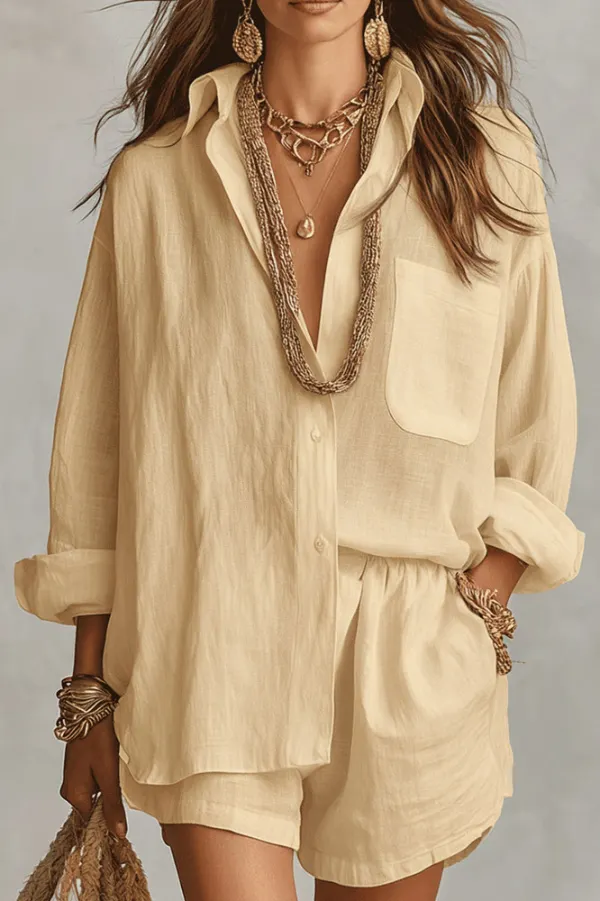 Linen Blend Loose-fitting Long-sleeved Collared Shirt and Elastic Waist Casual Pocket Shorts Set