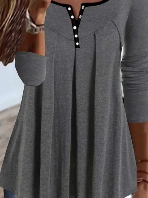 Women Long Sleeve V-neck Buttons Tops