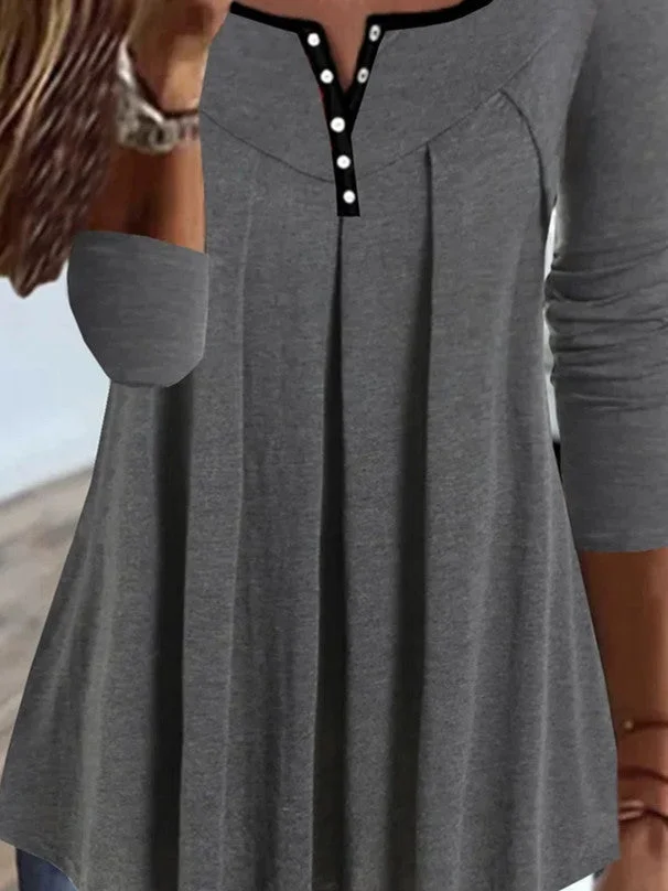 Women Long Sleeve V-neck Buttons Tops