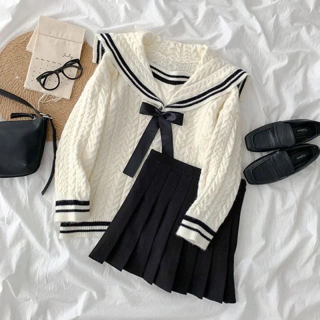 M-4XL Sweet Sailor Collar Bow Sweater+Pleated Skirt Set SP17033
