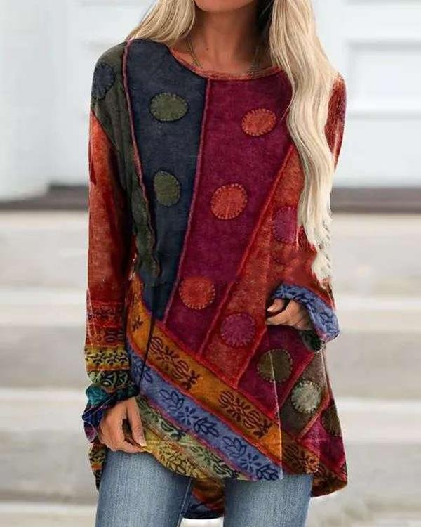 Color Block Casual Round Neckline Long Sleeve Blouses