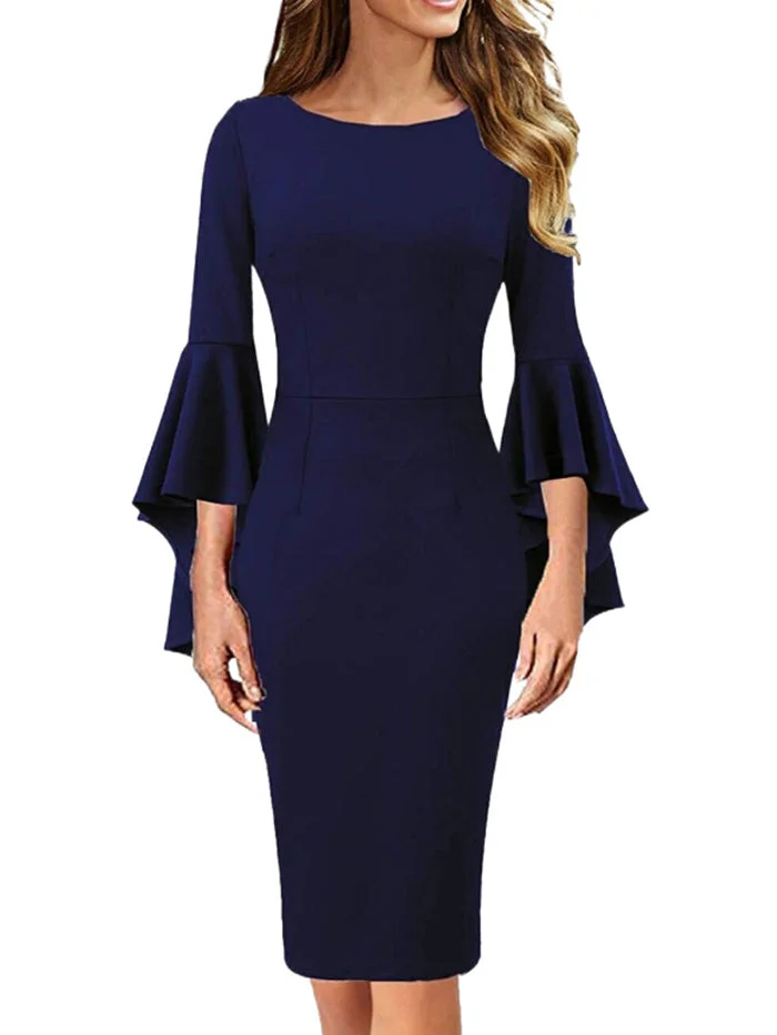 Round Neck Ruffle Sleeve Solid Color Dress