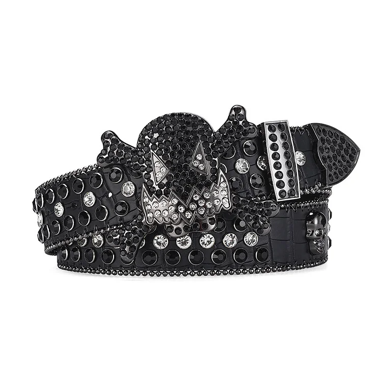 Hip Hop Skull Buckle Rhinestone Studded Belt Sequined Belt at Hiphopee